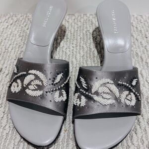 Sergio Rossi Grey Silver Satin Beaded Kitten Heels